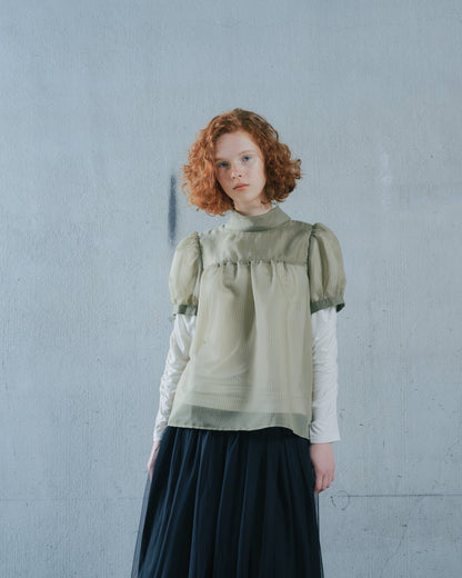 【SALE/50%0ff】Stripe Half Sleeve Blouse [603392] khaki
