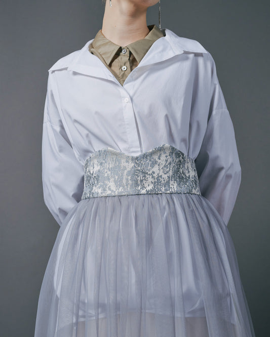 【SALE/50%0ff】Jacquard × Tulle Skirt [603390] blue grey