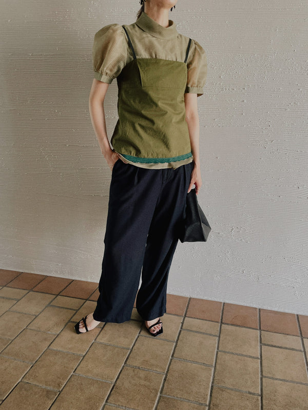 【SALE/50%0ff】Stripe Half Sleeve Blouse [603392] khaki