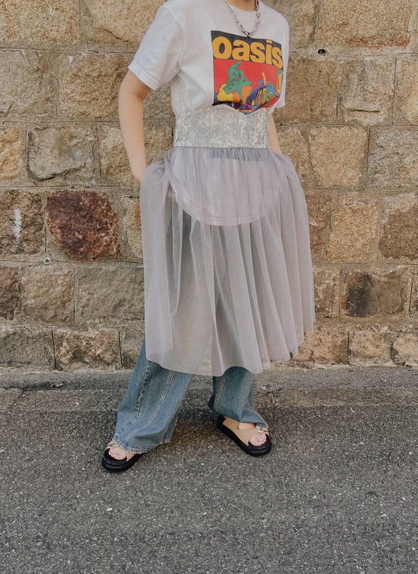 【Summer SALE!!】Jacquard × Tulle Skirt [603390] blue grey(80)